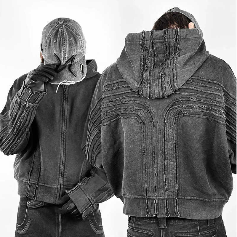 ▥ America Gothic Y2k Retro Cross Patchworkอินเทรนด์hoodiesผู้ชายผู้หญิงstreetwear Zip Up Hoodie