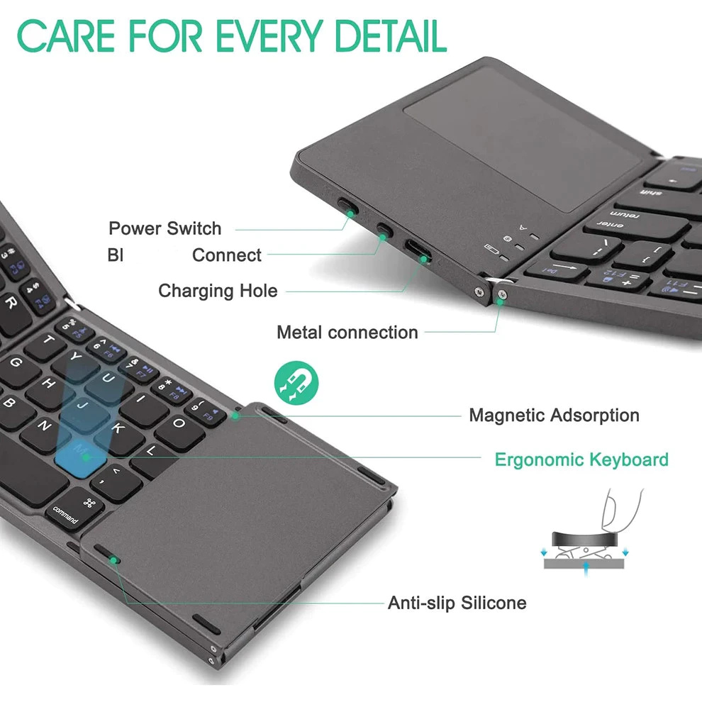 คีย์บอร์ดบลูทูธพับได้พร้อมทัชแพด สำหรับ Android Windows PC แท็บเล็ต thumbnail 3