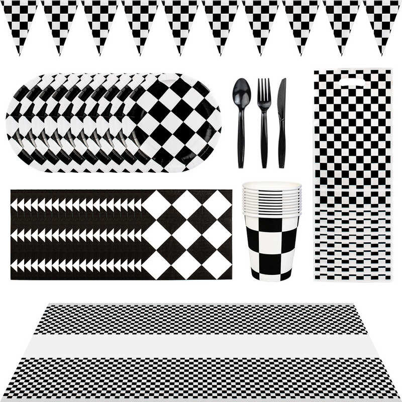 Theme 1ชุด180x108ซม. สีดำสีขาวผ้าปูโต๊ะรถแข่งของเล่น Disposs บนโต๊ะอาหาร Checkered FLAG วันเกิดสำหรับเด็ก PARTY
