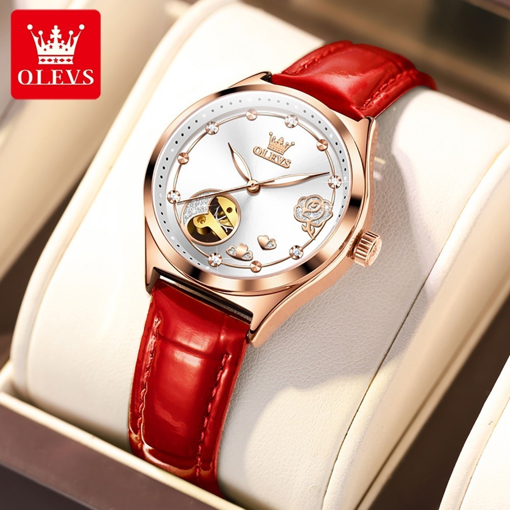 Olevs นาฬิกาสุภาพสตรี Original Automatic Mechanical Movement กันน ้ ําปฏิทิน Luminous สบายสายหนัง 3