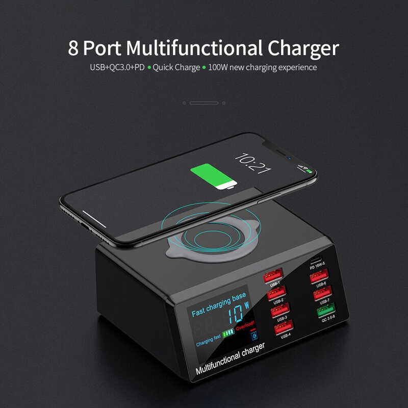 8 X9 Wireless USB Charger Quick PD+QC3.0+USB Port Charge Station with LED Display for Phone/Laptop/ 