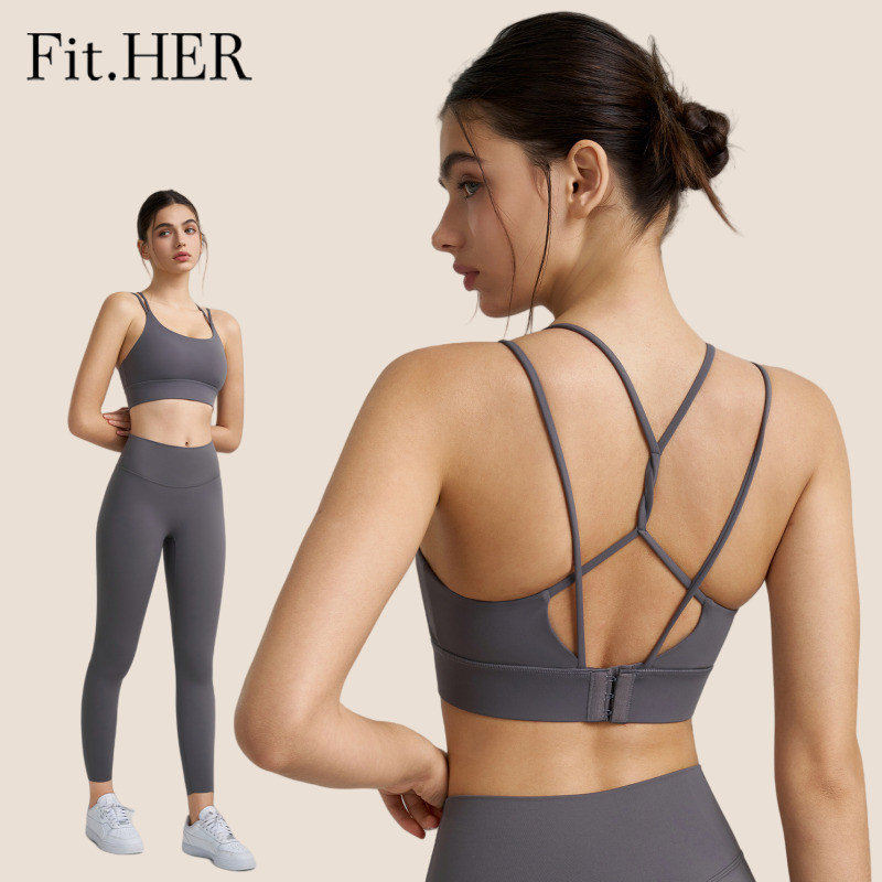 Fit.her ความแข็งแรงสูงกีฬาชุดชั้นในสตรี U คอคู่สายรัดโยคะเสื้อกล้ามถ้วยคงที่กันกระแทกเซ็กซี่กลับฟิตเนส Bra