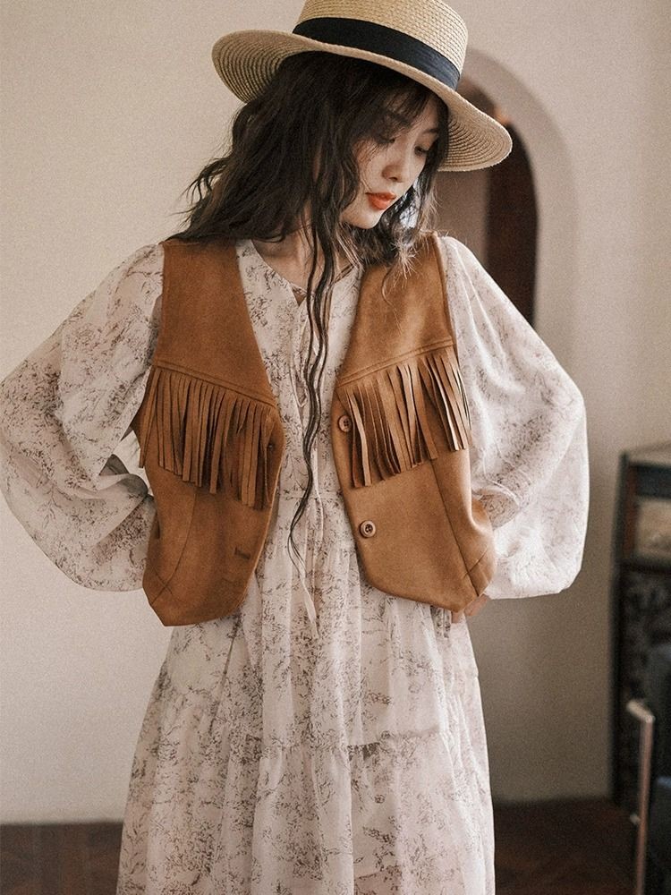 Fringed Vest เสื้อกั๊กโบฮีเมียน Suede แจ็คเก็ตคาร์ดิแกนสั้นสไตล์ใหม่