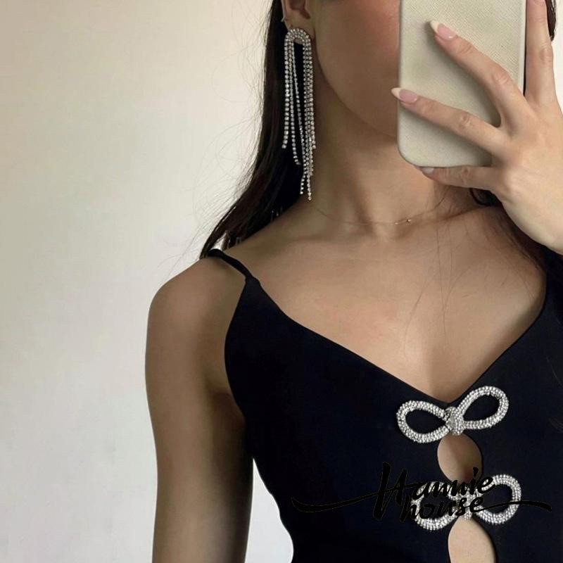 bananashop  ♞,♘Hannie- ชุดเดรส คอวีลึก แขนกุด เปิดหลัง ประดับโบว์ สีดํา สําหรับผู้หญิง