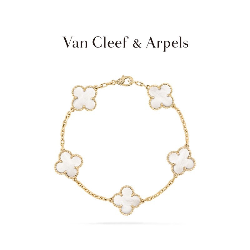[พร้อมกล่อง] Vca Van Cleef &amp; Arpels Alhambra Four Leaf Lucky K Gold สร้อยข้อมือมุก สําหรับแม่ และเด