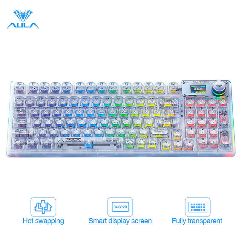 key AULA 95 hot swappable Intelligent Screen Mechanical Transparent Keyboard With RGB Backlit Bluet