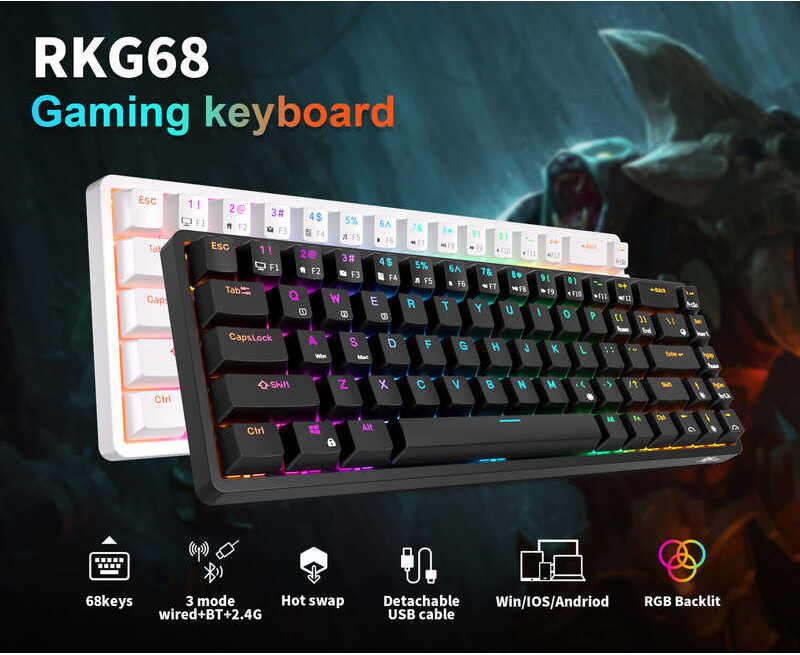 Kludge Royal RK G68(RK837) 2.4Ghz Wireless/Bluetooth/Wired 65% Mechanical Keyboard, 68 Keys 3 Modes 