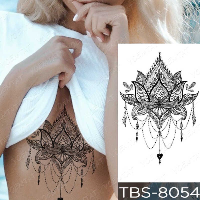 สติกเกอร์หน้าอกลูกไม้ Henna กันน้ำชั่วคราว Mandala แฟลชรอยสักหมาป่าดอกไม้ประดับเพชร Body Art Fake Ta