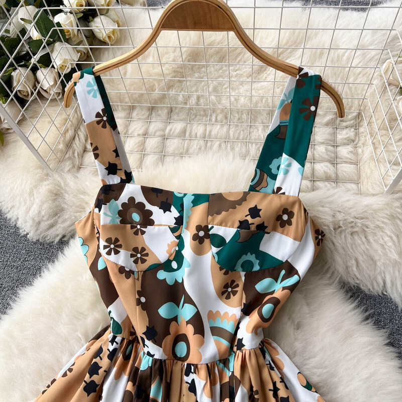 Fashion Hawaiian Chic Runway New Women's Temperament Long Skirt Slim Fitting Suspender Print Dress