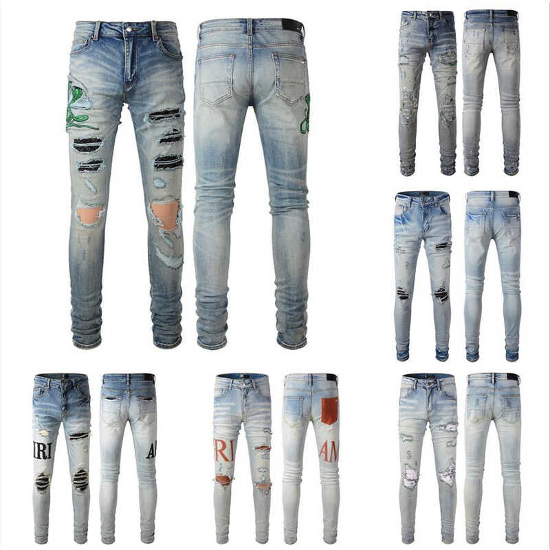 AMIRI 2023 กางเกงยีนส์ Mens Slim Edition สไตล์แพทช์บุคลิกภาพ Paint Gr