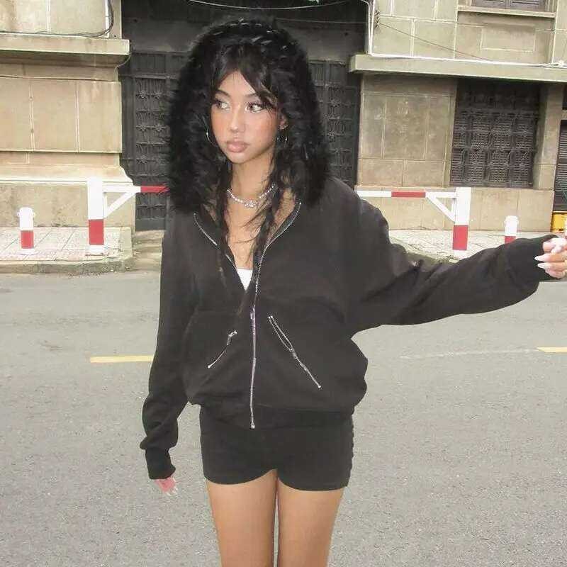 ❥ Deeptownผู้หญิงสีดําhoodies Vintage Casual Faux Fur Coat Gothic Streetwearขนา