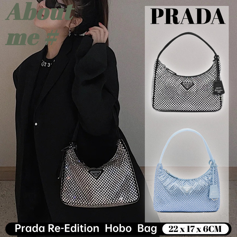 ♞Prada Re-Edition คริสตัล Hobo กระเป๋าใต้วงแขนกระเป๋าถือผู้หญิง