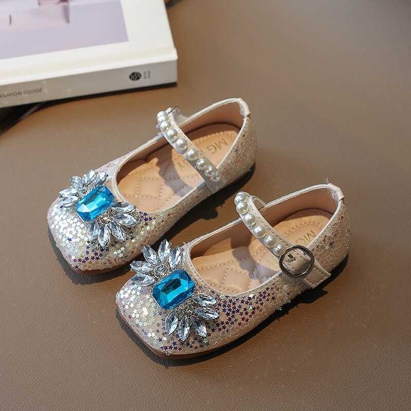 ♎ Bling Diamond Baby Girls Leather Flat Pearl Sequin Soft Sole Kids Princess Shoes 2-16 Years Old