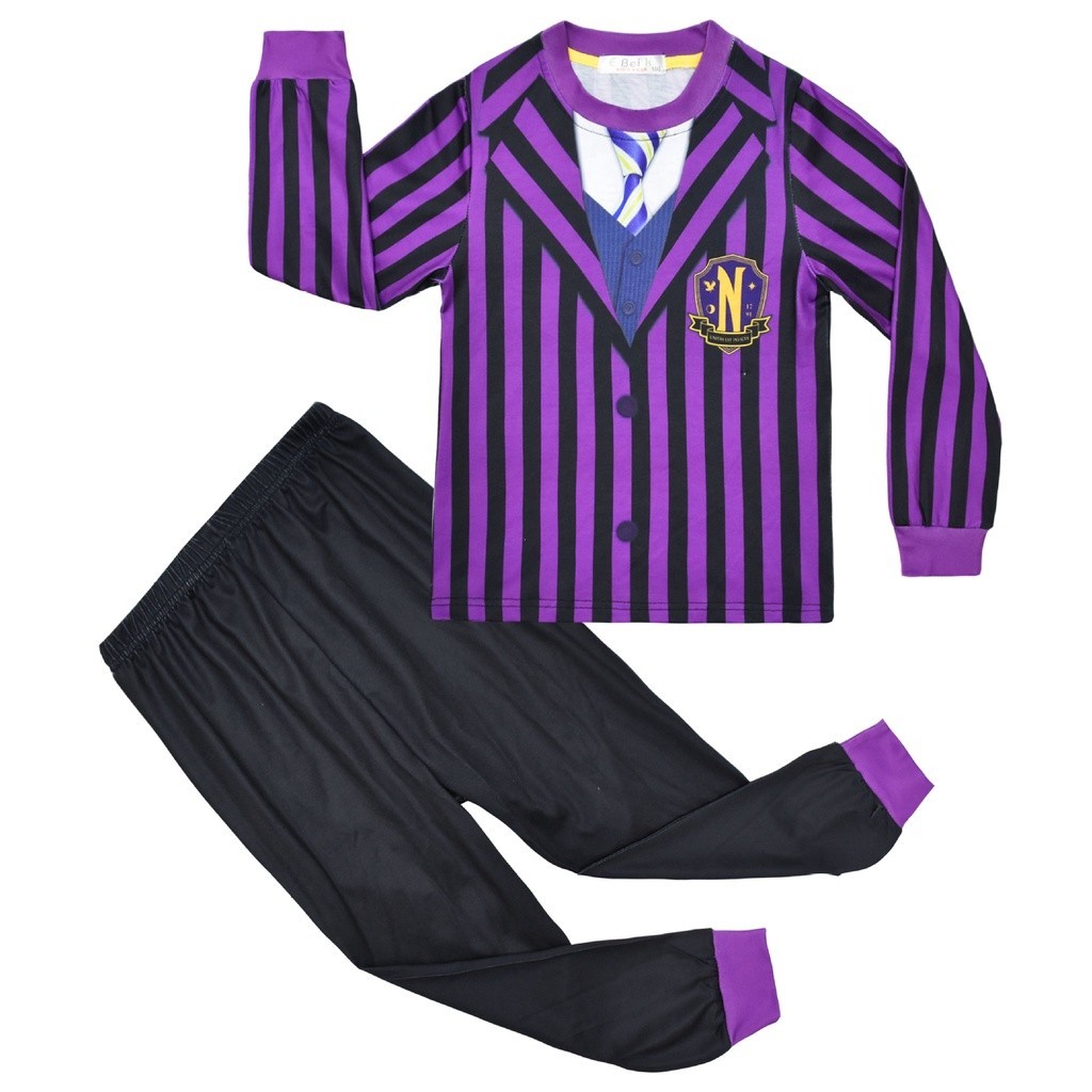 Wednesday Addams ครอบครัว เด็ก ชุดนอน คอสเพลย์ ชุดนอน ชุดเด็กผู้ชาย เด็กผู้หญิง เสื้อเชิ้ต กางเกง ช