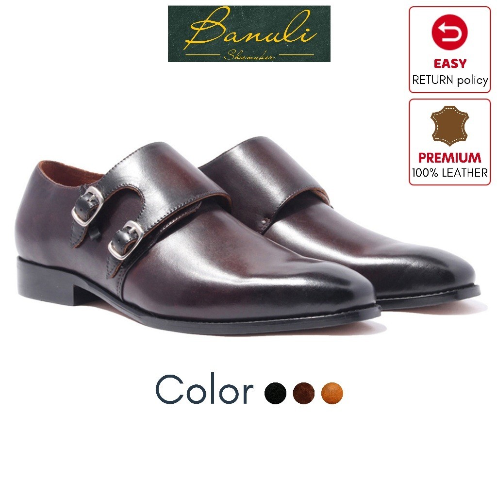 Banoli Men 's Double Monk Strap Shoes Premium Italian Calf Leather Craftsmanship H1DS2M0