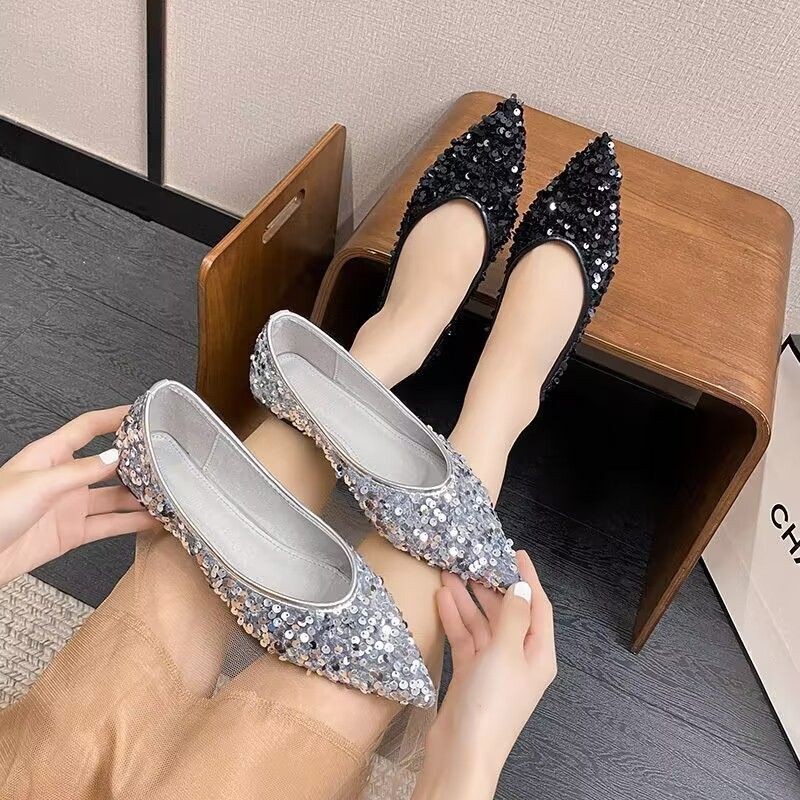 Sequined Pumps Flat Shoes Flat Slip-On Peas Shoes Scoop Shoes 2024