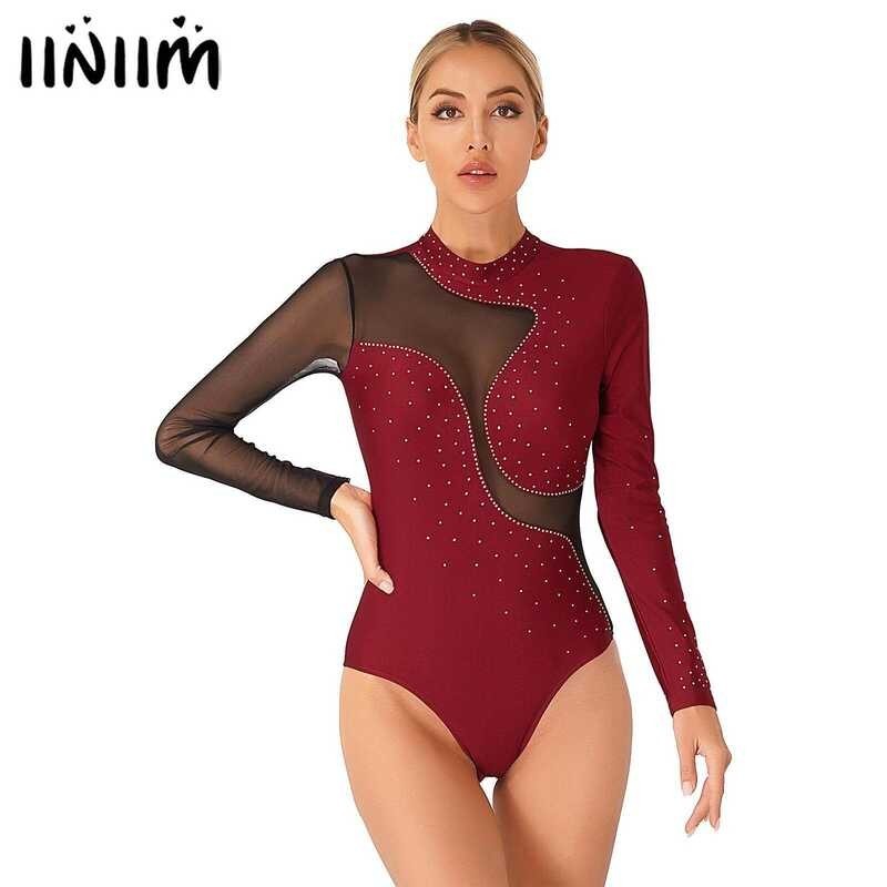 Sparkling Rhinestone Womens Sheer Mesh Long Sleeve Gymnastics Leotard Acrobatics Figure Skating Jum