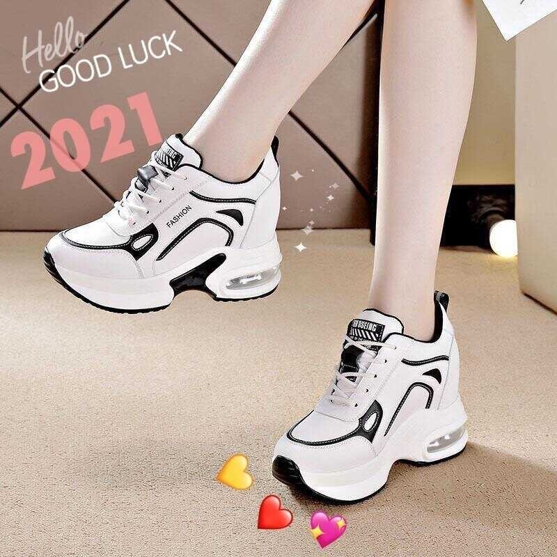 2 2021 New Korean Fashion White Leather Waterproof Sneakers Wedge Outdoor Women Travel Shoes