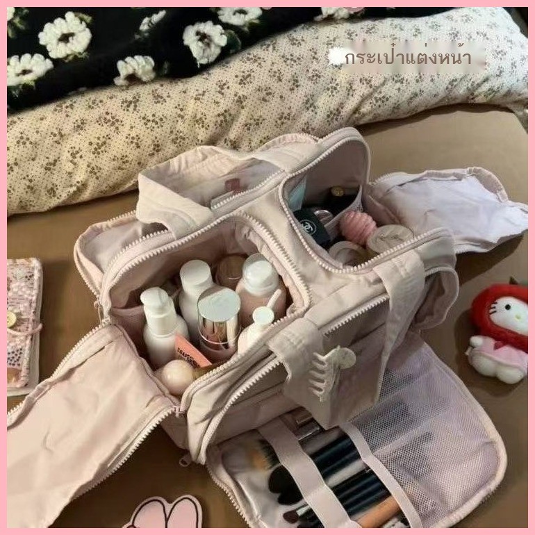 กระเป๋าแต่งหน้าปุยสําหรับผู้หญิงการเดินทางระดับไฮเอนด์กระเป๋าเก็บอุปกรณ์อาบน้ําแบบพกพา