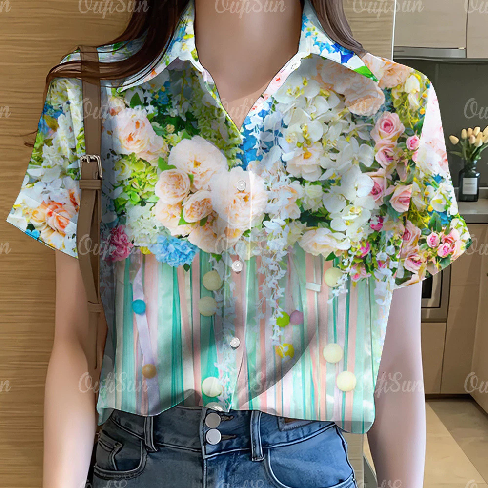 เสื้อฮาวายผู้หญิงลายดอกไม้แขนสั้นทรงโอเวอร์ไซส์ ไซส์ 42