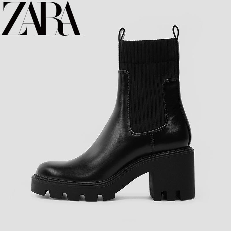 Zara Ready Stock 2023 New Style Thick Heel Chelsea Boots Thick-Soled Short Boots Knitted Elastic So