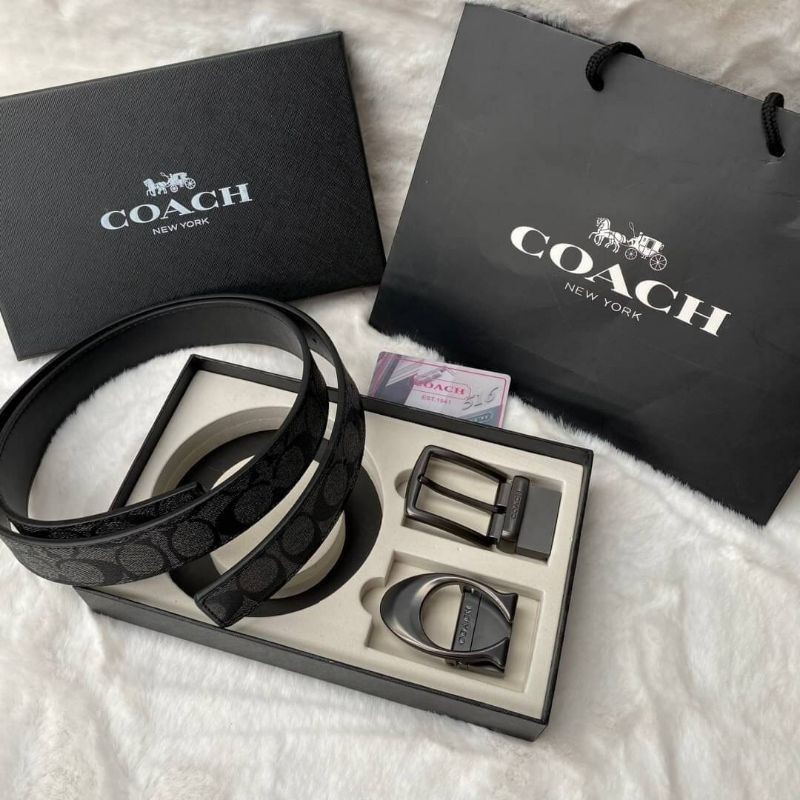 💯Set เข็มขัด Coach แท้ 💯 outlet สีเทา ดำ มี2 หัว สลับใช้ได้ ของขวัญ สุดคุ้ม