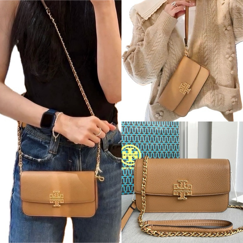 (สด-ผ่อน) กระเป๋าสีน้ำตาล 8 นิ้ว 141012 Tory Burch Britten Chain Wallet with Wrislet