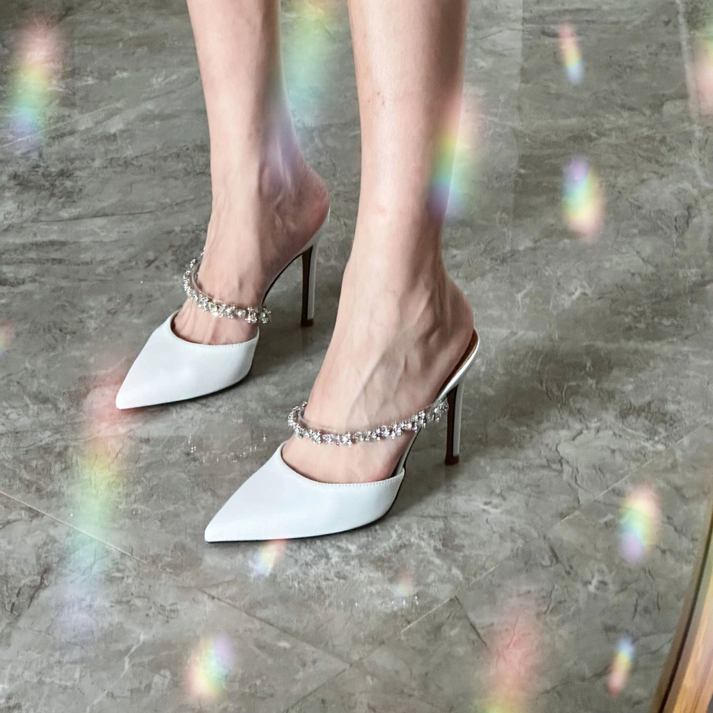 ใหม ่ รองเท ้ าส ้ นสูงผู ้ หญิง Rhinestone Toe-Covered รองเท ้ าแตะ