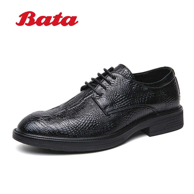 Autumn New Bata British Business Crocodile Pattern Men's Pointed Leather Shoes