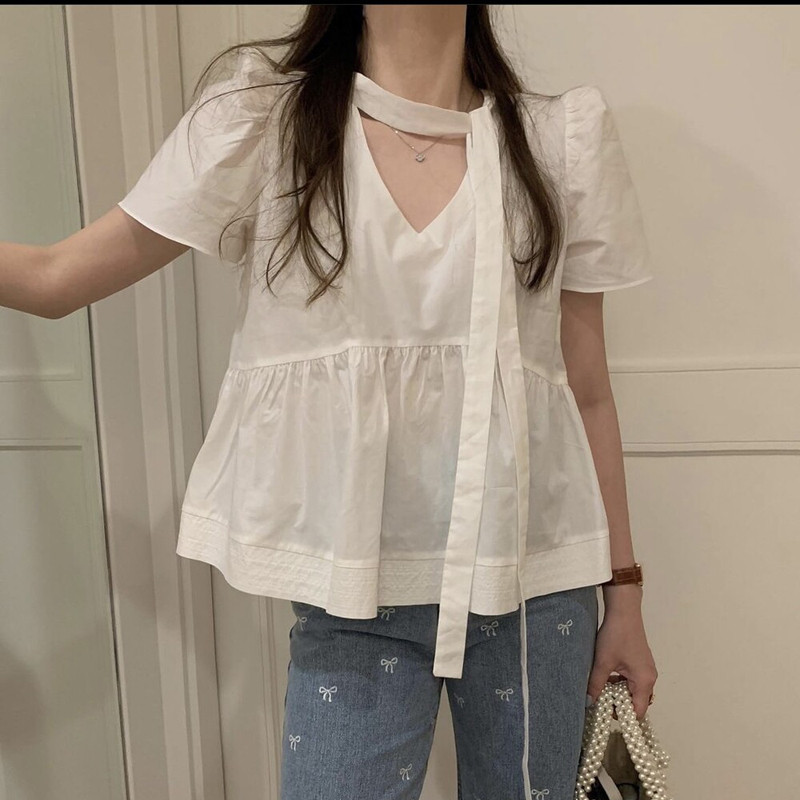 75313เสื้อเชิ้ตแขนสั้นคอวีผูกเน็คไทหลวมหวาน