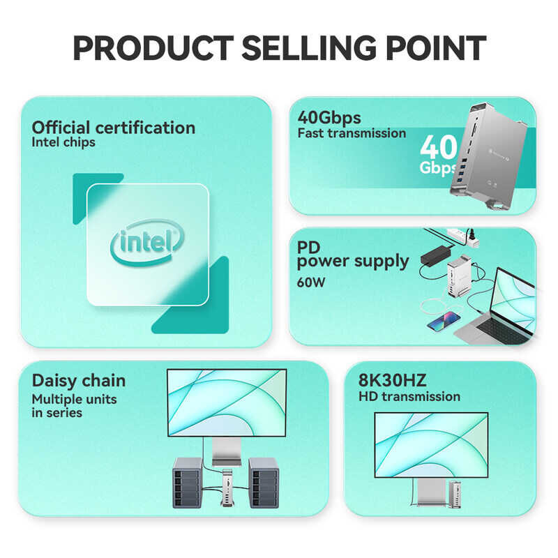 15 in Yottamaster 1 40Gbps Thunderbolt 3 Hub USB C Docking Station 8K 4K Video HDMI DP Dock for Sur 