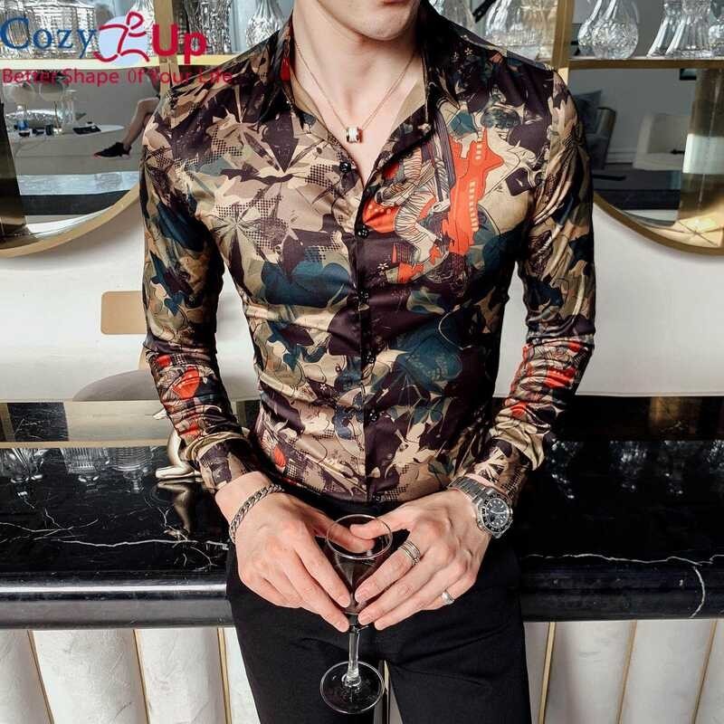 Up Gold Cozy Men Casual Shirt Long Sleeve Dress Slim Fit Party Club Sexy Night Bar