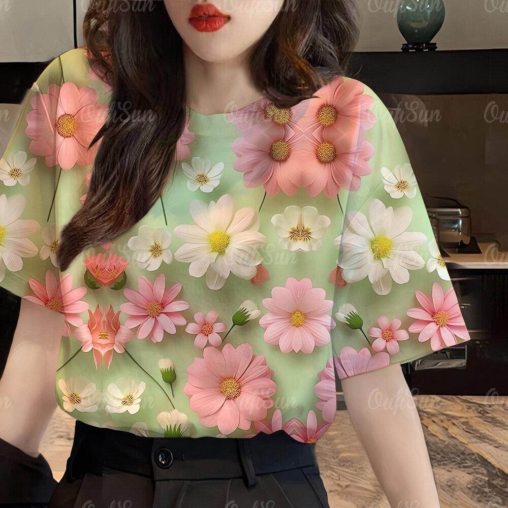 ผู้หญิงดอกไม้กราฟิกเสื้อยืดผู้หญิงเสื้อผ้าฤดูร้อนใหม่ในท็อปส์ ที แขนสั้น โอ-คอลําลอง เสื้อยืด 45