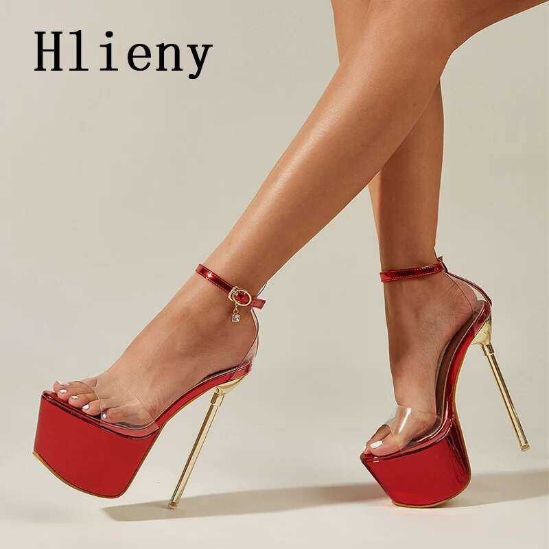 ❥ Hlieny ฤดูร้อนเซ็กซี่ PVC Transparen เปิด Peep Toe Platform รองส้นสูงสายคล้องคอรองแตะไนท์คลับ