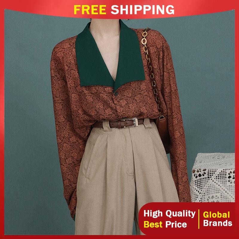 ชุดย้อนยุคทองกวาว เสื้อผ้าผู้หญิงสไตล์ฮ่องกงยุค80เสื้อเชิ้ตวินเทจแขนยาวคอปกสีคอนทราสต์วินเทจลายดอกไ