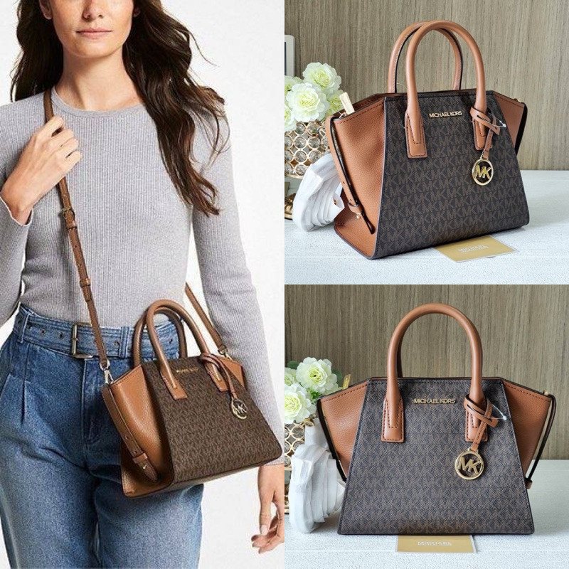♞,♘ (สด-ผ่อน) 35F1G4VM2B กระเป๋า Mk สีน้ำตาล MK Avril Small Logo Top-Zip Satchel vbg
