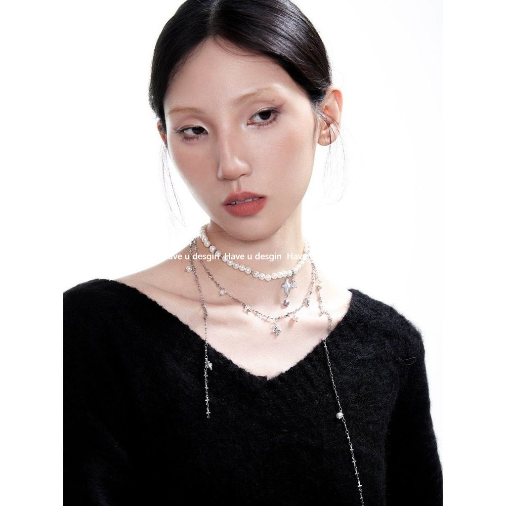 Have u desgin Original Pearl Necklace Cross All-Match Stacked Sweater Chain