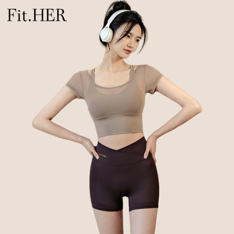 Fit HER ผู้หญิงฤดูร้อนพิลาทิสการฝึกอบรมและฟิตเนสชุดยอดนิยมพร้อมเบาะหน้าอกโยคะ Top, High End กีฬาแขนสั้นเสื้อยืด