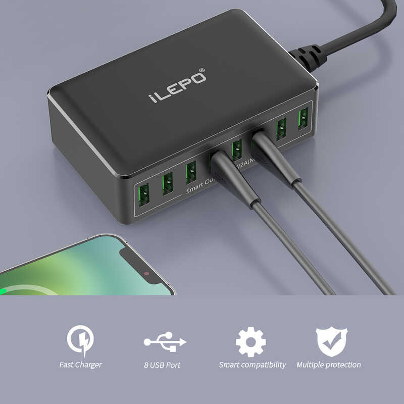 ❤ Ilepo Multi Usb Charger Port, 40W 2.4A 8-Port USB Hub Charger For Iphone Ipad Smart Phone And O