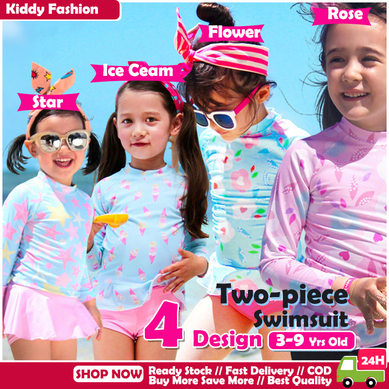 [BANGKOK SHIPPING] Swinsuit สองชิ้นสําหรับเด็กผู้หญิง 3-9 Yrs Old Kids ชุดว่ายน้ําแขนยาวกันแดด