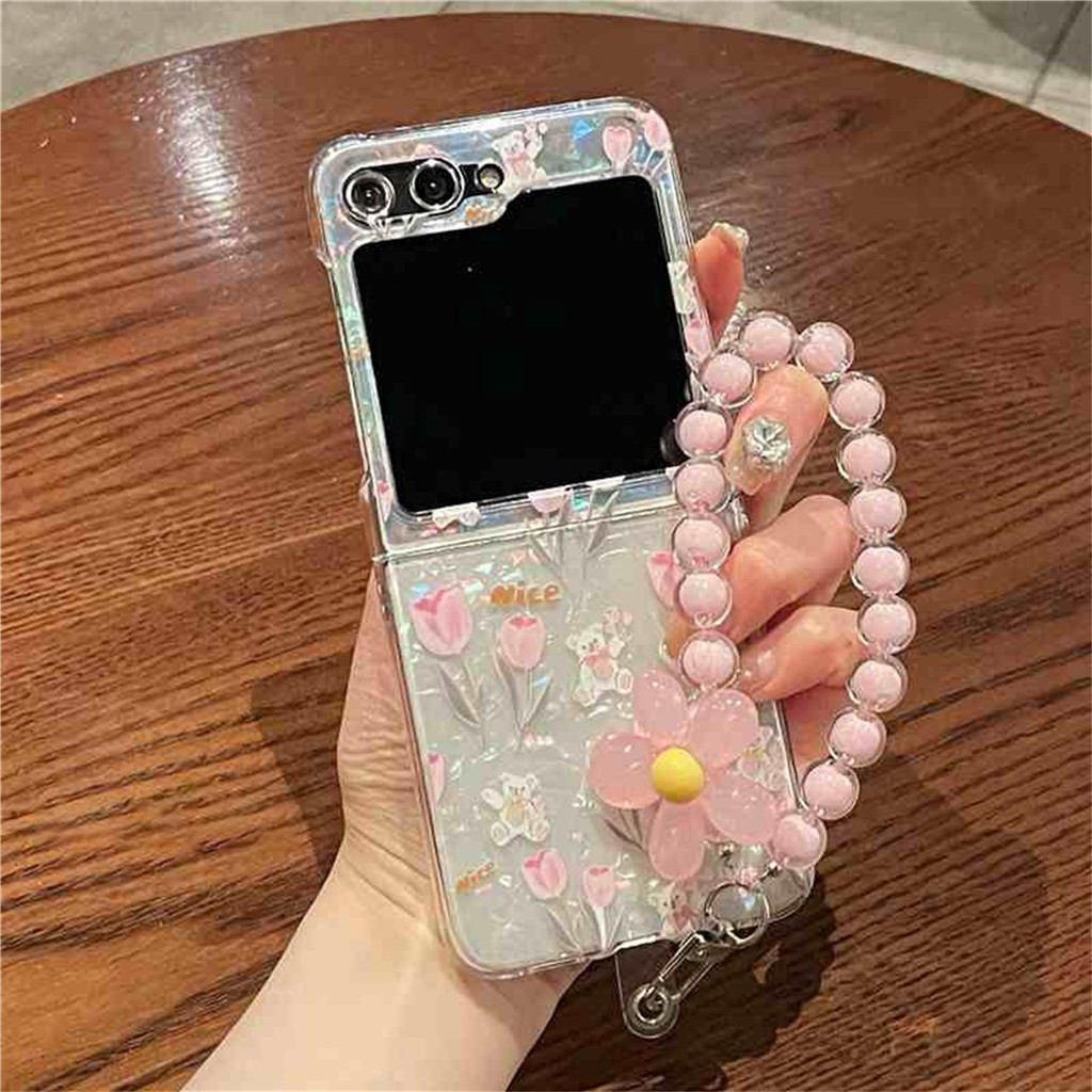 SAMSUNG น่ารักสดสีชมพูทิวลิปดอกไม้เชลล์เคสโทรศัพท์ที่มีสร้อยข้อมือดอกไม้สําหรับsamsung Galaxy Z Flip 5 6 Z Flip6 ZFlip 5 Zflip6 Zflip5 กันกระแทกปกหลัง