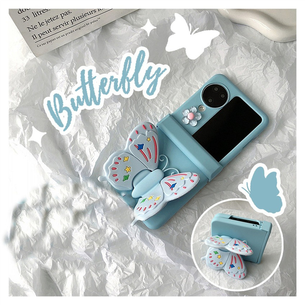เกาหลี Kawaii น่ารักดอกไม้สีฟ้าเคสโทรศัพท์ผีเสื้อสําหรับ OPPO ค้นหา N2 Flip findn3 พลิกค้นหา N3 พลิกปกหลัง
