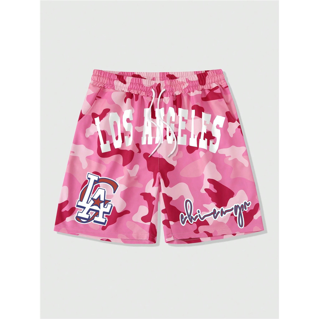 Prep Men Street Style Drawstring Waistband Letter และCamouflage พิมพ์กางเกงขาสั้นบาสเก็ตบอลสําหรับโรงเรียนฤดูร้อน