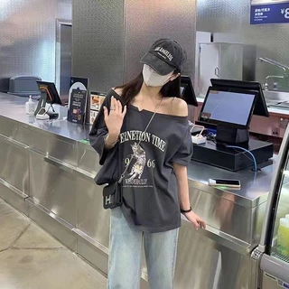 ส่งจากกรุงเทพฯ Solovely M-2XL เสื้อดํา เสอื้ผา้ผหู้ญง เสื้อเปิดไหล่ เสอ สไตล์เกาหลี แมว พิมพ์ลาย หลวม เสื้อยืด