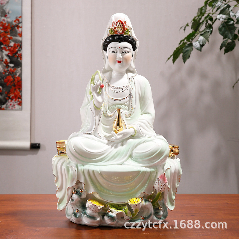 Ceramic Buddha Statue Nanhai Guanyin Bodhisattva  Stone Seat Water Lotus Guanyin Bodhisattva