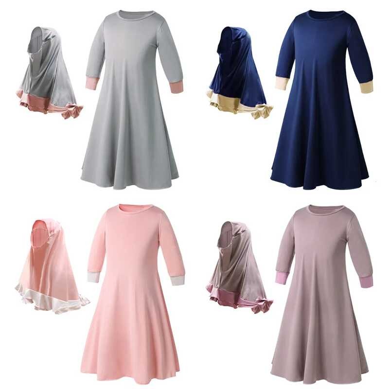 ▥ 2 ชิ้นเด็กมุสลิม Hijab ชุด Abaya ชุดเด็กอิสลาม Eid Ramadan Burka อาหรับสาว Khimar Headscarf Niq