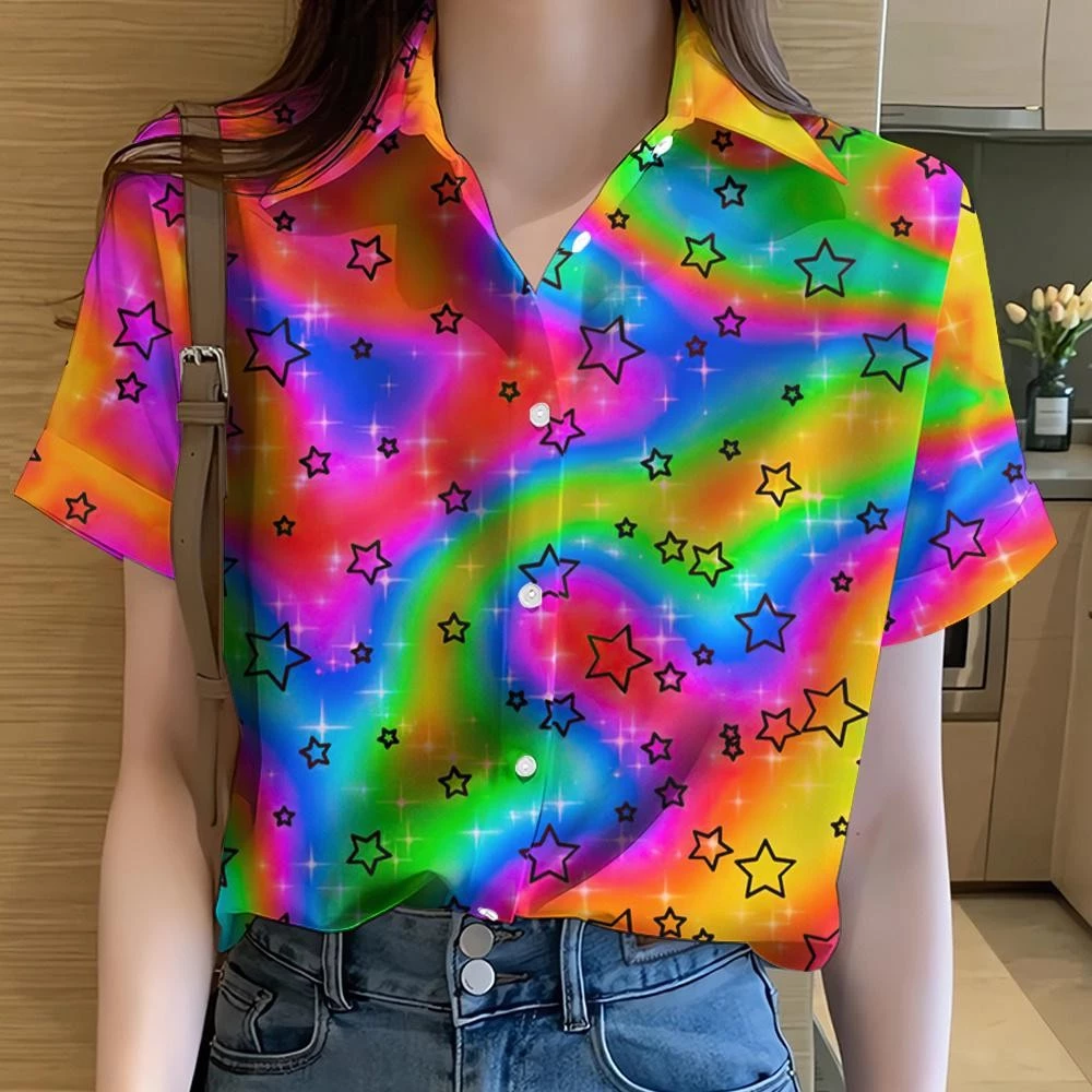 เสื้อเชิ้ตแขนสั้นพิมพ์ลายดอกไม้ สีรุ้ง สไตล์ฮาวาย สำหรับผู้หญิง thumbnail 5
