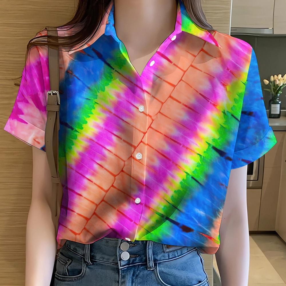 เสื้อลายดอกไม้ สายรุ้ง พิมพ์ลาย กราฟฟิตี้ แขนสั้น ขนาดใหญ่พิเศษ สไตล์ฮาวาย ลําลอง สําหรับผู้หญิง 2568