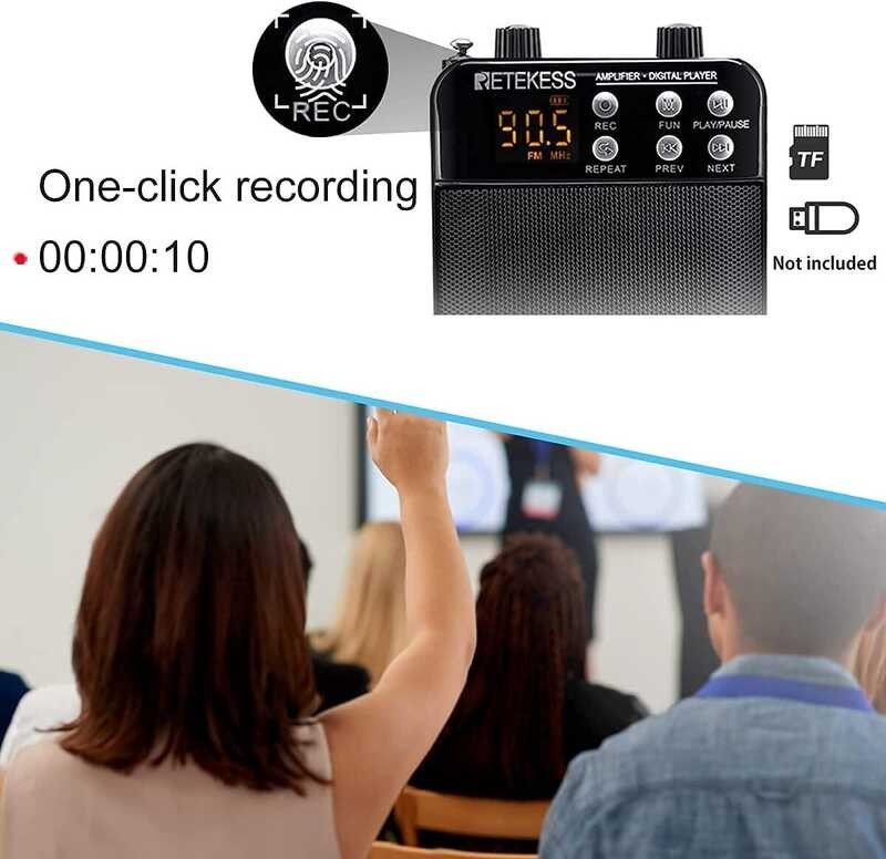 ❤ Retekess Tr619 Wireless Microphone FM Radio Mp3 Player Recording Lapel Mic Voice Amplifier For