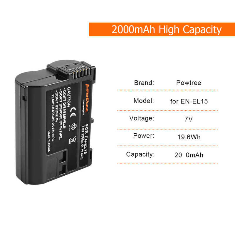 ➧ แบตเตอรี่ Powtree 7.0V 2000Mah En-El15a El15c En-El15 + เครื่องชาร์จ Nikon